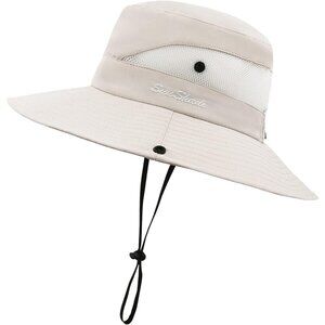Unisex Cream Polyester Wide Brim Mesh Vent Chin Strap With Classic Cowboy Hat